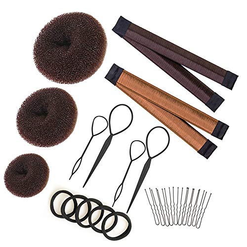 Hair Bun Maker Set Brown/Blonde/Black, The EASIEST Way to Make Buns, 3 Donuts + 2 Snap Bun Makers + 4 Topsy Tail Hair Tool + 5 Hair Elastic Bands + 10 Bobby Pins