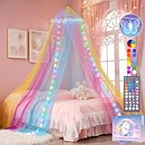 Rainbow Bed Canopy with Lights for Girls Bedroom, 34 Colors Canopy Bed Curtains with Color Changing Butterflies Lights Princess Canopy Remote Timer for Kids Tent Twin Full Queen King Size Bed