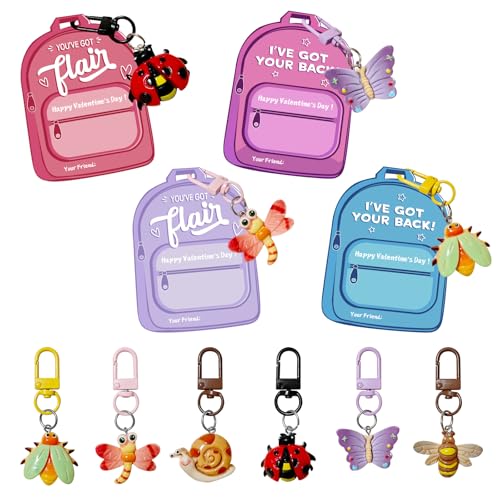 24 PCS Valentine Day Gifts Cards with Cute Fun Animals Insect Keychains for Kids Non Candy Valentines School Classroom Exchange, Party Favors, Gift Exchange, Game Prizes for Boys Girls