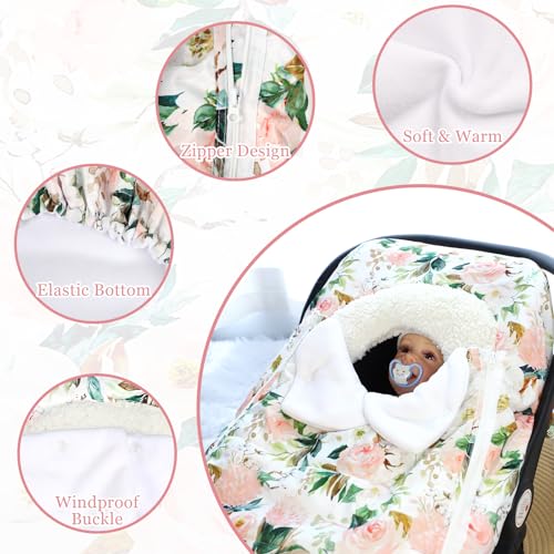 Image of DILIMI Car Seat Covers for Babies, Winter Baby Car Seat Cover, Infant Car Seat Canopy for Girls Boys, Warm Windproof Carseat Canopy for Newborn, Pink Floral