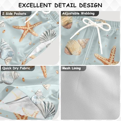 Small Starfish and Shells Light Blue Boy Beach Shorts Teens Bathing Suit Lightweight with Pocket Beach Swimming 2T3