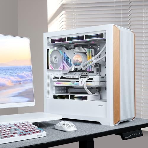 Image of SAMA Z60 Walnut Wood E-ATX Gaming PC Case, 4x140mm ARGB Fans, USB-C, White | Back-Connect Ready, 435mm GPU & Front 420mm Radiator Support, Premium Genuine Wood Design, High Performance Hardware Support