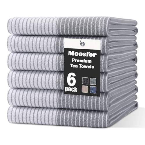 Moosfor 100% Organic Cotton Tea Towels Extra Large, Highly Absorbent Soft Dish Cloths, Lint Free Quick Drying kitchen towel, Premium Dish Towels for Kitchen, Pack of 6, 46 x 72 cm, Grey