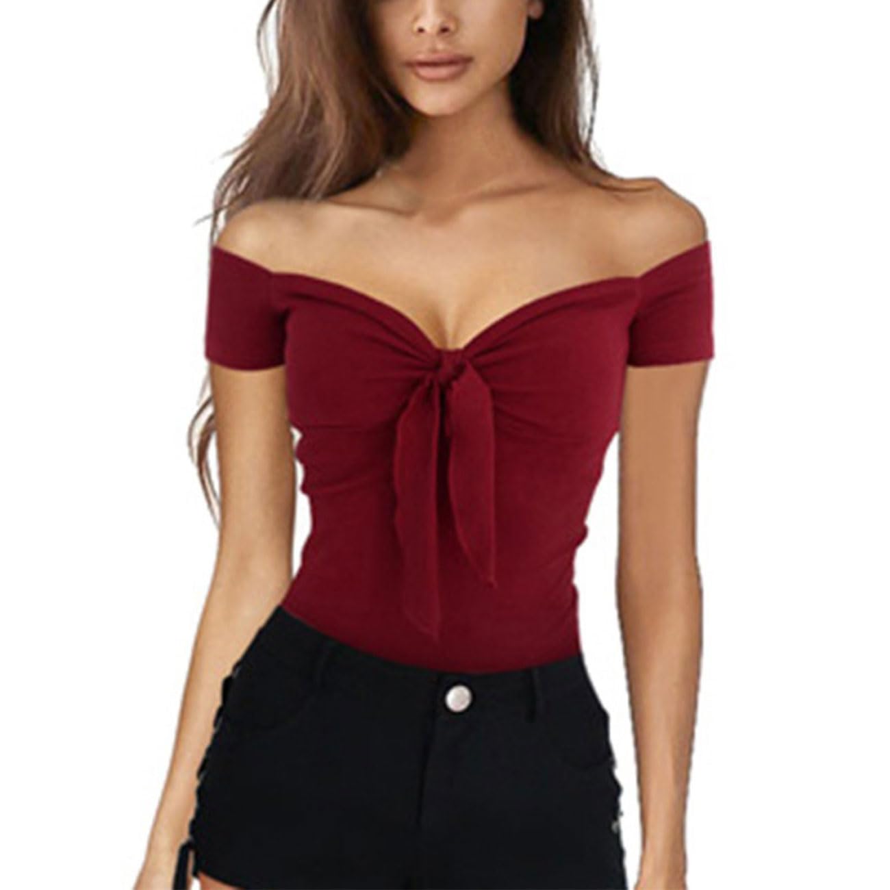EMOTTOS Women's Y2K Crop Tops, Korte Mouw Off Shoulder Top V Neck Bowknot Slim Fit voor Dames, Sweetheart Neckline Basic T-Shirt Casual Club Party Streetwear voor Lente Zomer, Rood/Zwart S-L