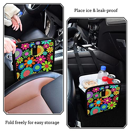 Image of Hippie Flower Car Trash Can Foldable Hanging Car Trash Bag Bin Floral Daisy Colorful Auto Garbage Can Leak-Proof Car Organizer(Large)