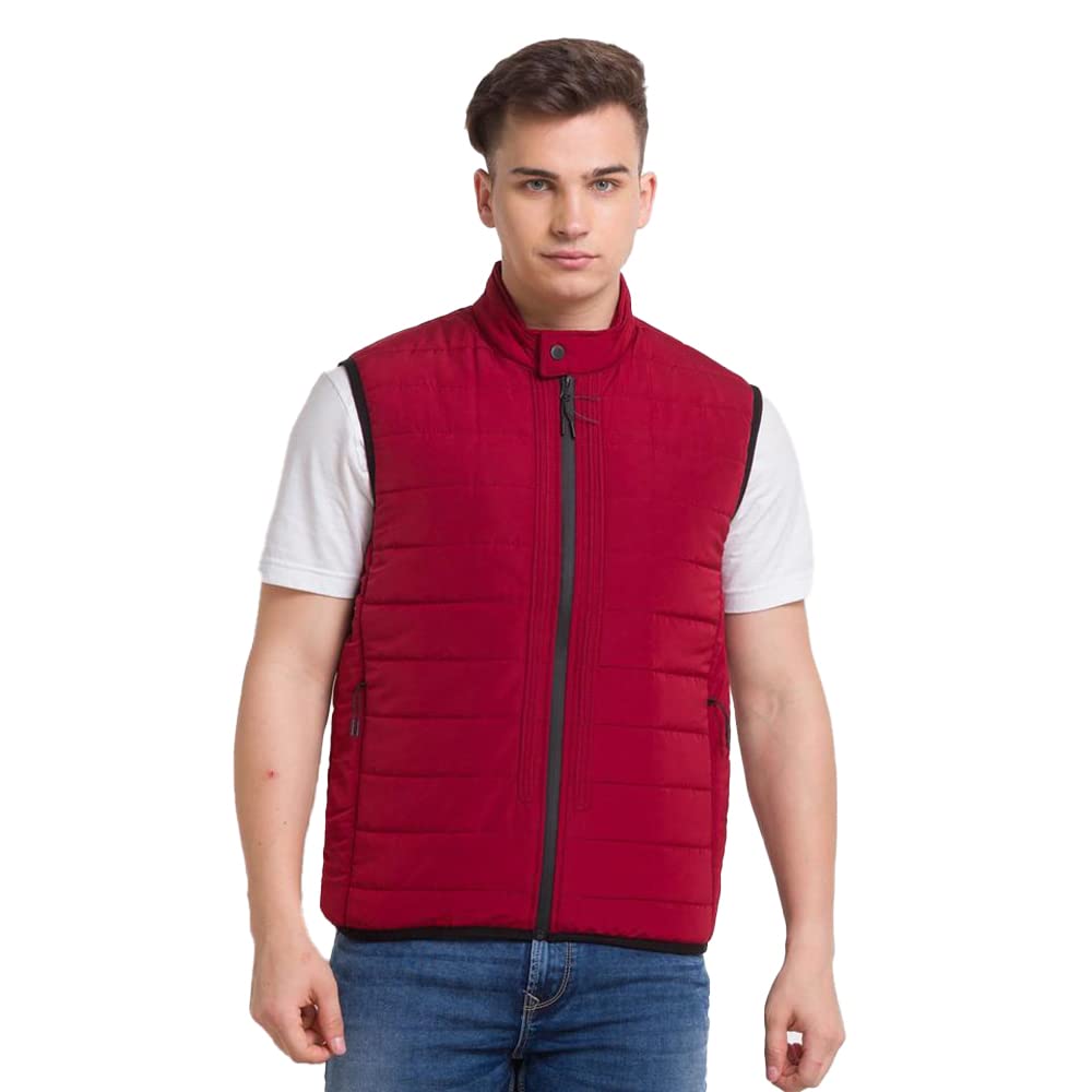 colorplus Men's Tailored Fit Pure Polyester Spread Collar Round Neck Solid Pattern Sleeveless Dark Red Casual Outerwear-picture-21
