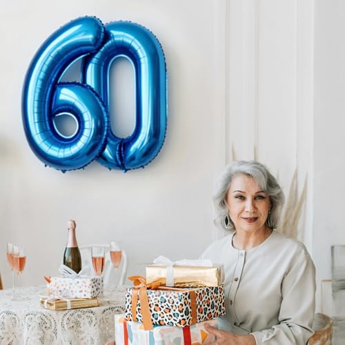 Image of Number Balloons Navy Blue Balloons - Giant Number 60 Balloon, Blue 60th Number Balloon Birthday Decorations for Men