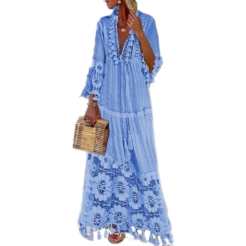 Akivide Summer Boho Lace Maxi Dress for Women Loose V Neck 3/4 Sleeve Tassel Beach Dresses Swing Flowy Long Dress