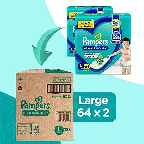 Image of Pampers Complete Skin Comfort | Pant Style Diaper Large, 128 Count| Anti Rash with 100% protection from leakage upto 12 hrs (Pack of 3)