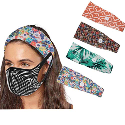 Vivilly Boho Headbands With Buttons 4Pcs Elastic Sports Hairbands Village Printing Bandeau Bohemia Running Hairband Headwrap for Women Nurse Girls (C)