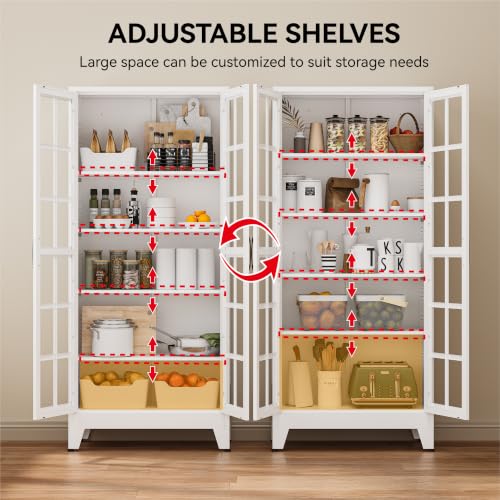 Image of COFaR 71 inch Tall Metal Storage Cabinet with Glass Doors and Shelves, White | 71-inch metal pantry cabinet with 5-tier storage, 4 adjustable shelves, square-grid glass doors, and black handles