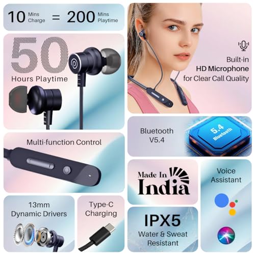 Image of pTron Tangent Buzz w / 50Hrs Playtime, Pristine Sound, Dual-Device Pairing, Bluetooth 5.4 Wireless in-Ear Earphones with Mic, Hall Switch Function, Voice Assistant, Type-C Fast Charging & IPX5 (Blue)