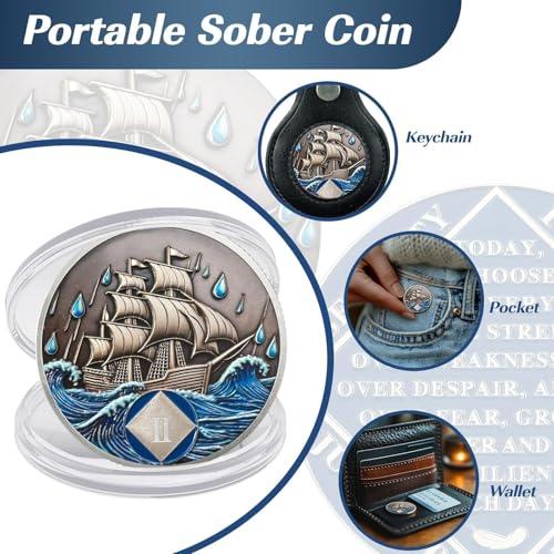 Image of Braving The Storm 2 Year Sober Coin, Nautical NA Coin, Addiction Recovery Two Year Sober Chip, Celebrating Recovery Anniversary Token, Narcotics Anonymous Sobriety Gifts for Men Women