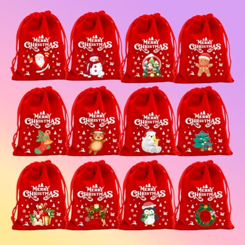 12 unidades de sacos de presente de contagem regressiva de Natal, sacos de veludo vermelho com cordão para doces, biscoitos, embalagem de calendário do advento de chocolate, vermelho