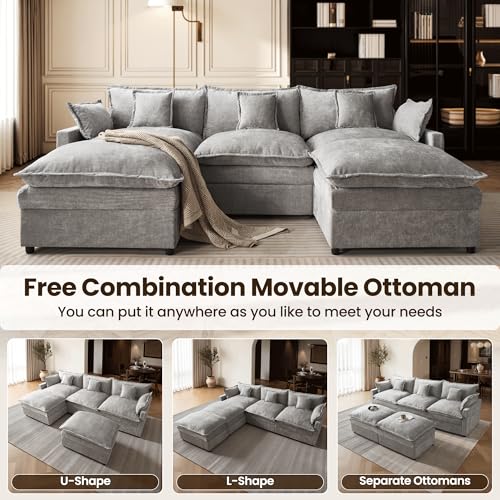Image of ovios 108 inch Cloud Couch with Thicken Cushion, 3-Seat U-Shaped Modular Sectional Sofas with Movable Ottomans, Modern Comfy Deep Seat Chenille Couches for Living Room, Gray