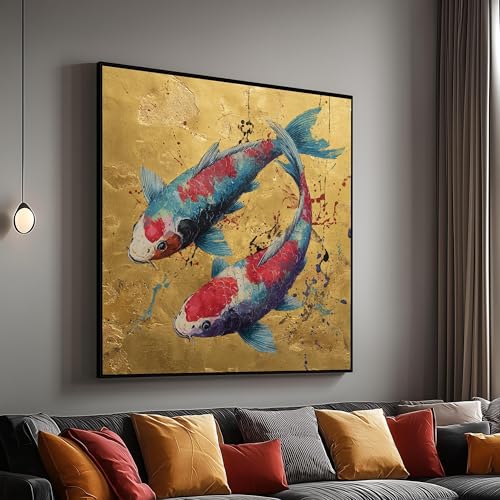 Tableau carpe koï sur fond doré 50x50cm sans cadre peinture japonaise