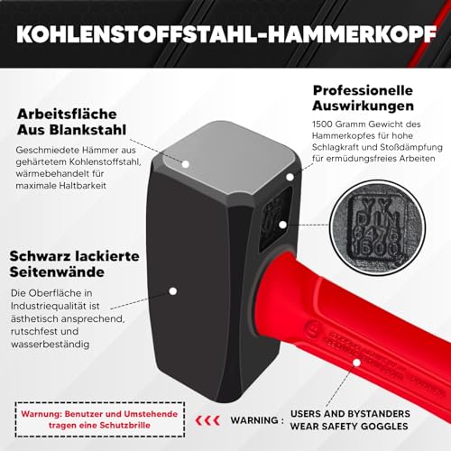 C&T Fäustel 1500g,Feustel-Hammer,Schwere Hammer,Sledgehammer, verstärkte Kopf-Schaft-Verbindung zum Einschlagen von Vollnägeln,Komfortabler Fiberglas-Stiel