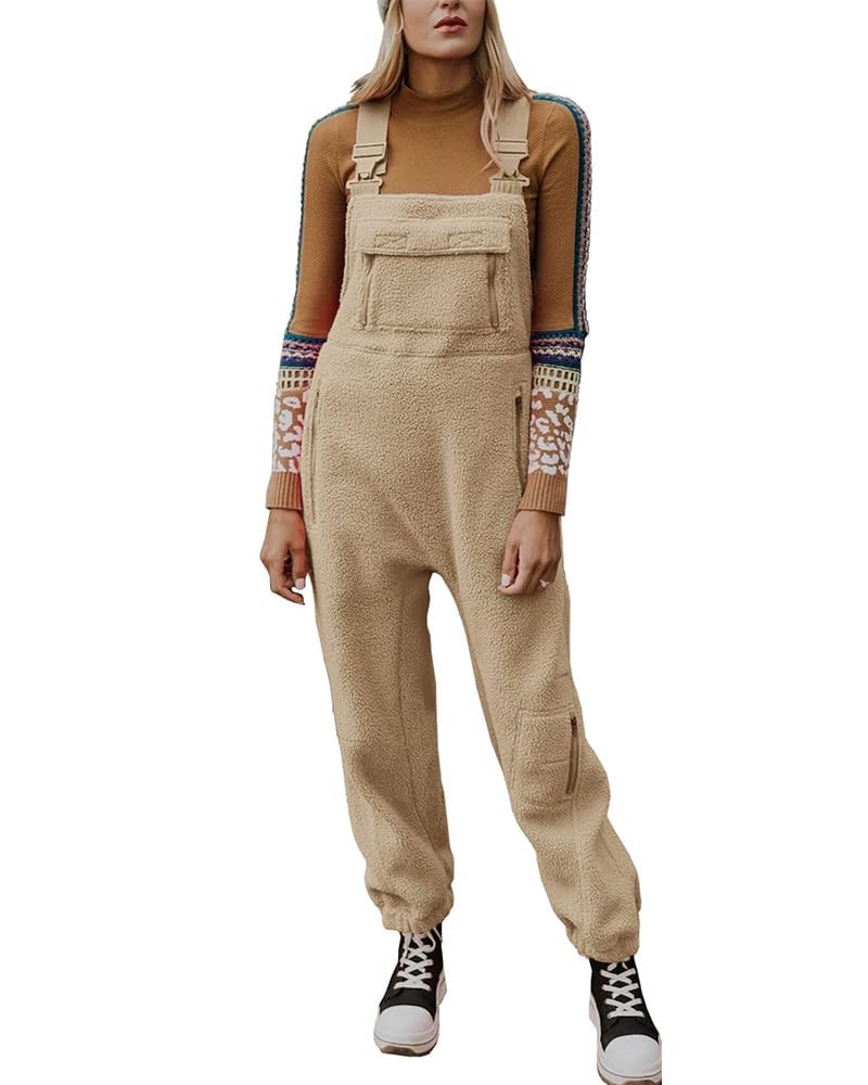 UTCOCO Womens Fuzzy Fleece Overall Jumpsuits Casual Loose Fit Winter Sherpa Bib Overalls
