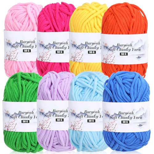 Image of Buryeah 8 Packs #5 Skinny Chenille Yarn for Hand Knitting Crocheting 50g /1.76oz Thin Soft Chunky Plush Beginner Yarn Size 5 for Crochet Small Plush DIY Crafts Blankets, 480 yd Total(Bright Colors)