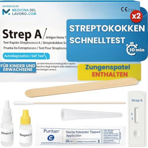 Medicinadellavoro.com – Streptokokken-Schnelltest, Kinder und Erwachsene, Rachen-Streptokokken-Test Nachweis von Streptokokken Gruppe A, Nützlich bei Fieber, Halsschmerzen, Ergebnis 10 Min, 2 Tests