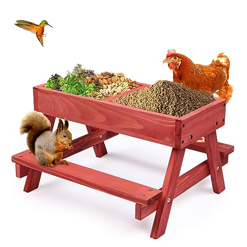 Chicken Picnic Table Chicken Feeder No Waste Handmade Wooden Large DIY Chicken Feeder Kit Wild Bird Duck & Squirrel Feeders Mesh Bottom Keep Food Fresh and Dry Easy to Clean and FillRed Paint