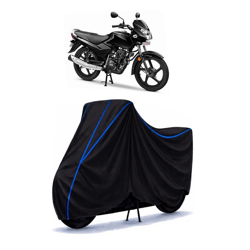 Image of TVS Sport ES 110 Bike Cover Water Resistant Universal Motorcycle Rain | Heavy Duty UV Protection, Dust, Scratch Indoor Outdoor All Weather with Black Blue Piping Elastic