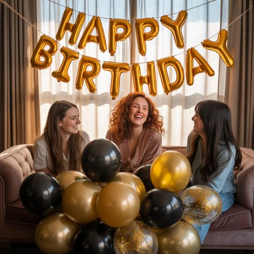 Image of Black and Gold Balloons, 12 Inches 60 Pieces Black Balloon Metallic Chrome Gold Confetti Balloon for Birthday, New Year, Graduation Party