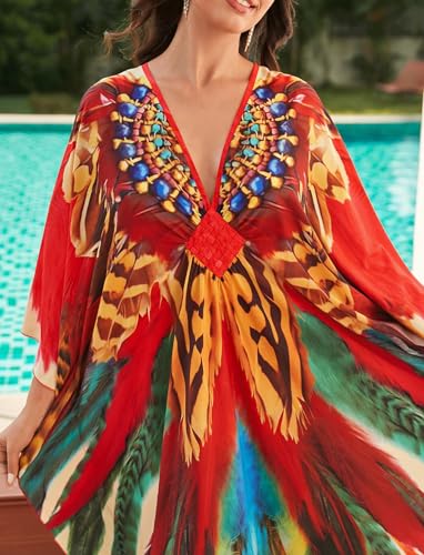 Image of KECVOT Kaftan Dresses for Women Plus Size Batwing Sleeve Caftans Long Bathing Suit Cover Up Maxi Beach Dress Loungewear