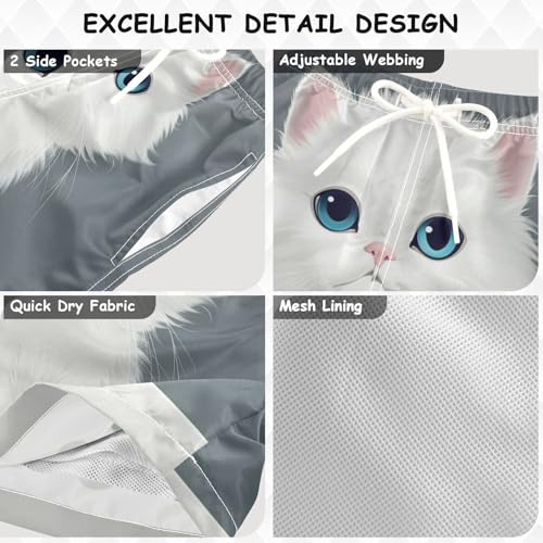 Pigsaly Boys Swim Trunks Cartoon White Cute Cat Persian Kitty Boys Board Shorts Swimsuit Swimwear Summer Bathing Suit 4T3