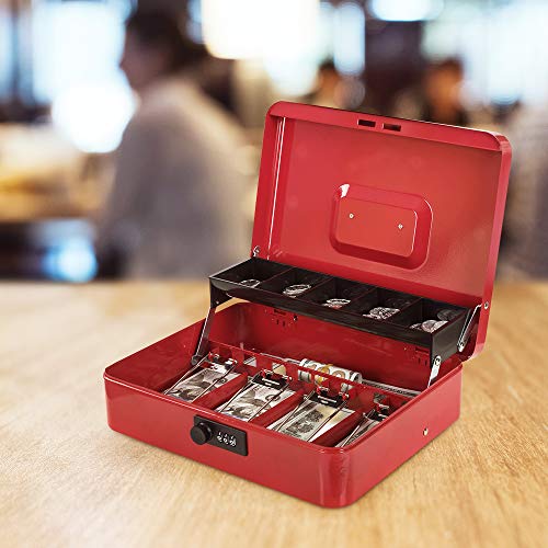 Image of Cash Box with Money Tray and Combination Lock Metal Money Box for Cash Tiered Lock Box for Money 11.8 inch x 9.4 inch x 3.54 inch Red