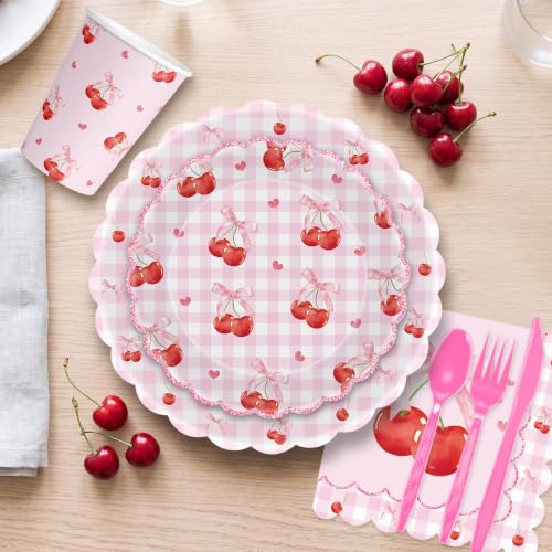 Hayfige 168 Pcs Cherry Birthday Decorations Set, Disposable Pink Bows Cherry Paper Plates and Napkins Cups Tableware for Cherries Fruit Themed Baby Shower Party Supplies Table Decoration, Serves 24 - image 7