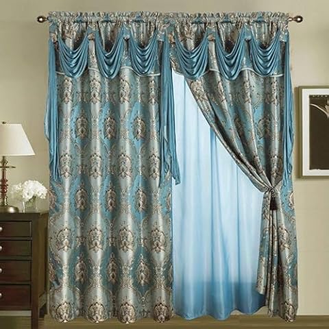 Bedding Haus Window Drape Set with Valance and Sheer Back (Complete Set 2 Separate Panels) - Premium Jacquard Fabric Floral Pattern - Traditional Curtains for Living Room - (Elsa, 95", Blue) Cover