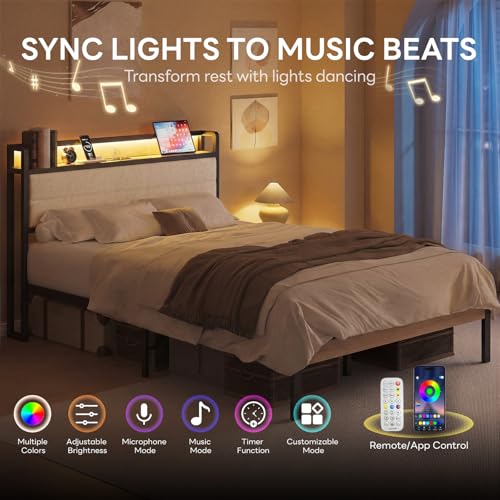 Image of LIKIMIO Full Bed Frame with Storage Headboard and LED Lights, Metal Platform Bed with Charging Station, Noise Free, No Box Spring Needed, Under Bed Storage, Natural and Cream