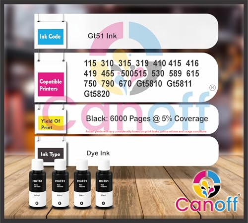 Image of CANOFF GT 51 Black Refill Ink Compatible for HP Ink Tank 115,310,315,319,410,415,416,419,455,500,515,530,589,615,750,790,670,GT5810,GT5811,GT5820 (HGT51BK 4pc. x 90ml)