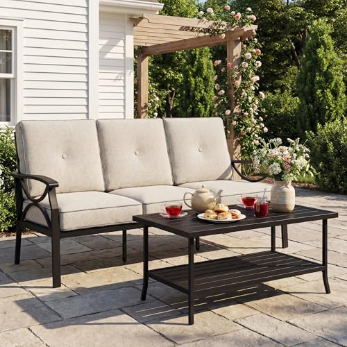 Image of FansaFurn 3 Seats Outdoor Patio Furniture Set, Outdoor Metal Sectional Furniture with Cushions, Outdoor Conversation Set with Coffee Table for Deck, Balcony, Backyard, Garden, Black