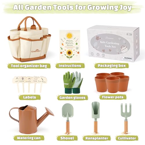 Image of Kids Gardening Set, Quality Gardening Tools Outdoor Toys Set for Kids Toddler, Includes Tote Bag, Gloves, Watering Can, Shovel, Rake, Cultivator, Garden Tool Kit Learning Outdoor Gifts for Boys Girls