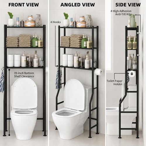 GloTika-3-Tier-Over-Toilet-Storage-Anti-Tilt-64-H-Black-Anti-Tilt-Safety-System-150lb-Capacity-Carbon-Steel-Freestanding-No-Drilling-Anti-Rust-Coating-Paper-Holder-4-Hooks