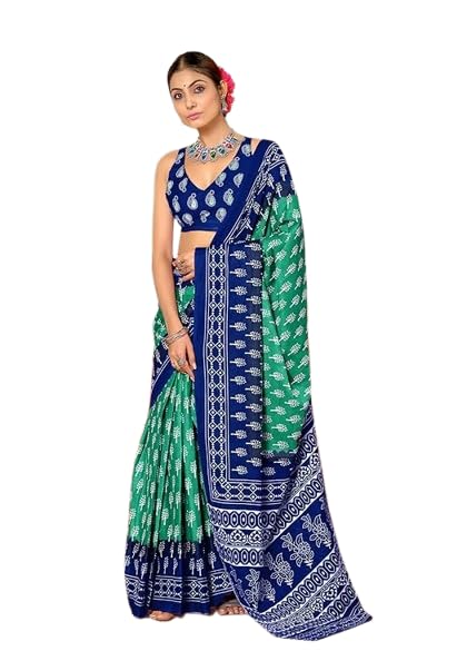 Pure Cotton Mulmul Saree, Hand Block Printed Geometric Ikkat Pattern, White Floral Design, Unstitched Blouse Piece-image-24