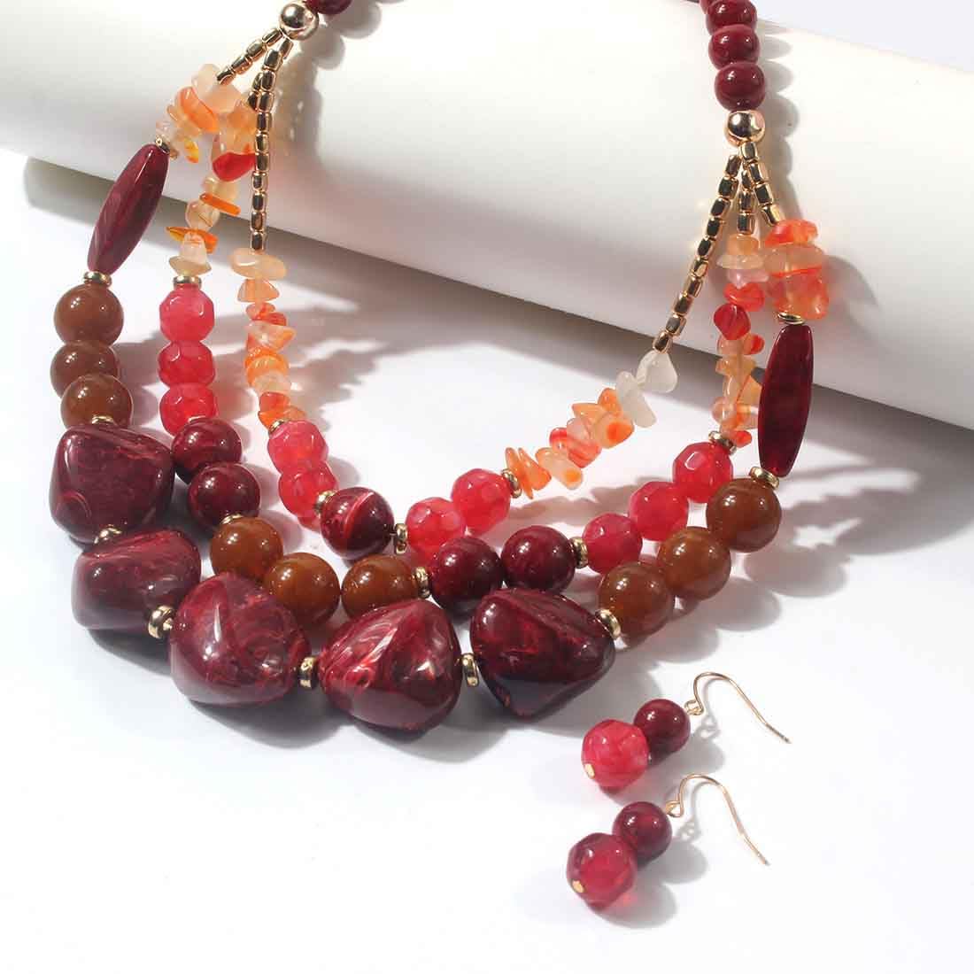 Ensemble de bijoux réglable multi-couche pour femmes avec collier ras du cou en chaîne bordeaux et corail, ornements en forme de talon, boucles d'oreilles