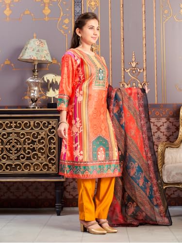 Aarika Girls Ethnic Wear Orange-Mustard Colour Abstract Embalished Satin Kurti Pant Set-8-15 Years (Kp-Tr-K-1041)