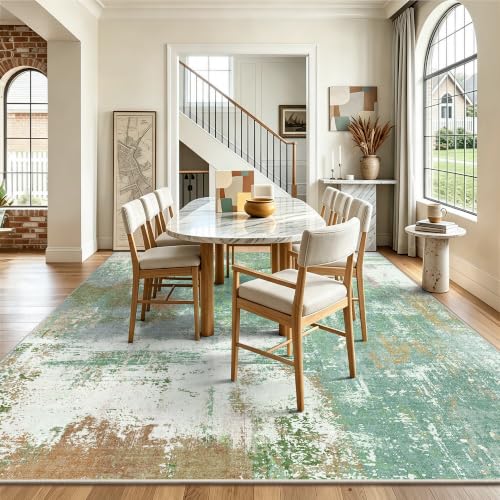8x10 Alfombra Moderna Abstracta Lavable para Sala de Estar, Alfombra Ultra Suave Antideslizante de Pelo Bajo, Alfombra para Piso Rectangular para Dormitorio Comedor Oficina Lavandería Guardería en Casa (Verde Pintura al Óleo) miniatura 4