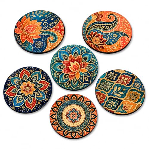 Image of Zesta Coasters for Cups Set of 6 / Wooden Coasters for Bar Accessories for Home /Tea Coaster Set of 6 / Waterproof Dining Table Decor Glass Cover (Mandala, Circle)