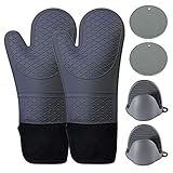 PLAZALA 6Pcs Oven Mitts and Pot Holders Sets, Extra Long Heat Resistant Silicone Heavy Duty Cooking Gloves with trivets and Mini Pinch Oven Mitts, Food Safe Baking Gloves for Cooking in Kitchen (Grey)