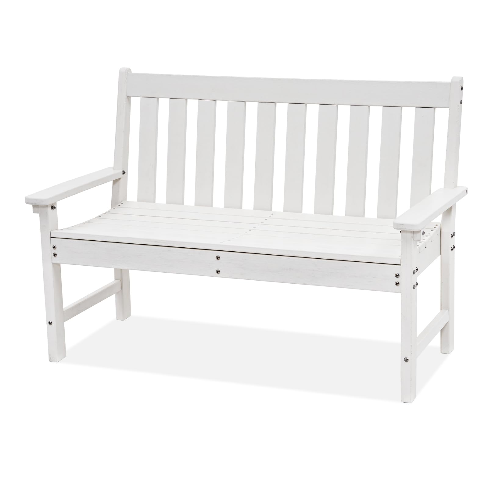 COBANA Outdoor Garden Bench, All Weather HDPE Patio Porch Bench with Faux Wood Grain Pattern, 2-Person Seat for Lawn, Park, Backyard, Entryway, White