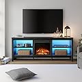 Fireplace TV Stand with LED Lights for 75 Inch TV Entertainment Center, Electric Fire Place Wood TV Console Table with 4 Storagesfor Living Room Bedroom, 70'' Black