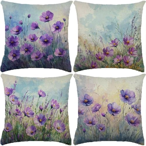Funda Cojin Púrpura Paquete de 4 60x60cm Sencillez Cojines para Sofa Fundas de Cojín Cuadradas Fundas de cojín de Lino con de dos Caras Estampado para Sofá, Estar, Dormitorio, Festival Regalo XW-153