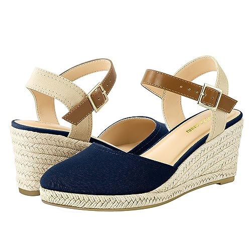 Image of PIZZ ANNU Women's Espadrille Low Wedge Heel Sandals with Buckle Ankle Strap Close Toe Casual Dressy Summer Platform Shoes