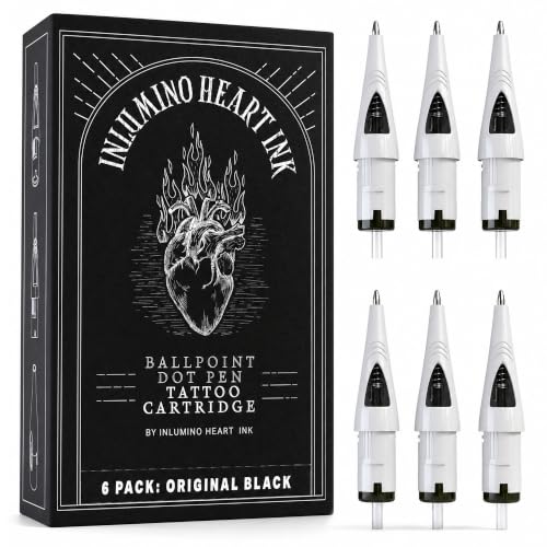 Inlumino Heart Ink Ballpoint Pen Cartridges Original Black Ink (6-Pack) Tattoo Practice Cartridges for Rotary Tattoo Machines Oil-Based Ink for Creating Flash Art Fake Skin Alternative