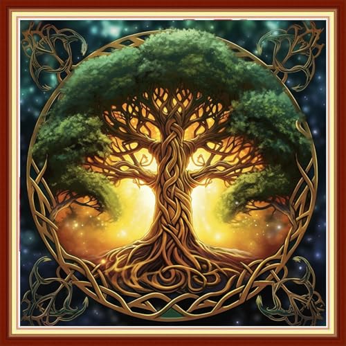 Stamped Cross Stitch Kits - Beach Night Landscape Counted Cross Stitch Kits for Beginners Adults Needlepoint Cross-Stitch Patterns-Magic Tree 18x18 inchs