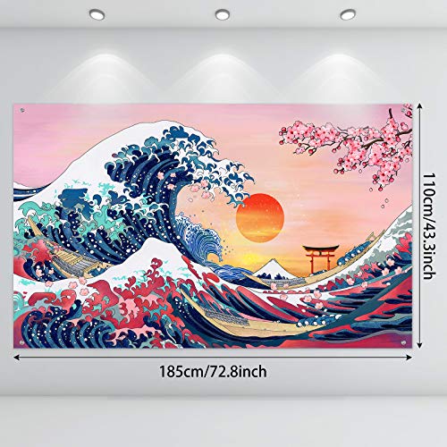 Ocean Wave Tapestry Japanese Kanagawa Backdrop Great Wave Tapestry Cherry Blossom Nature Sunset Background Wall Hanging Banner For Japanese Party Wall Home Decorations, 72.8 X 43.3 Inch #TOP26